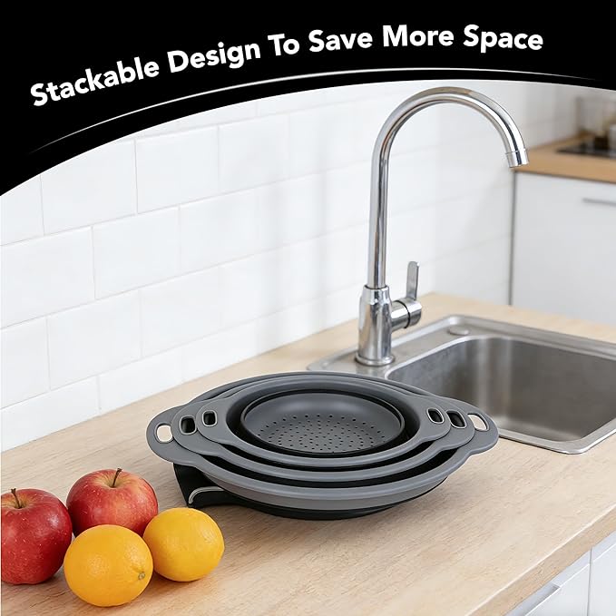 Collapsible Colander Set of 3 with Kitchen Counter Self-draining Base, Round Silicone Food Foldable Strainer for Cooking Pasta, Vegetables and Fruit (3QT, 4QT and 5QT)