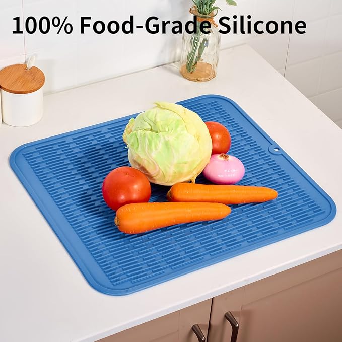 ZLR Large Silicone Dish Drying Mat (16" x 18") - XL Heavy Duty Drainboard Mat for Pots, Pans & Family Loads - Heat Resistant Trivet & Counter Protector, Easy Clean (Lichen Blue)