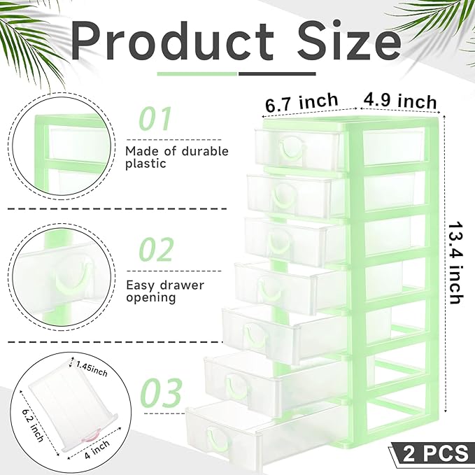 Thyle 2 Pcs Plastic Drawers Organizer Mini Organizer Stackable Plastic Clear Drawer Storage Box Containers Storage Units for Desktop Classroom Craft 6.7 x 4.9 x 13.4 inches(Green)