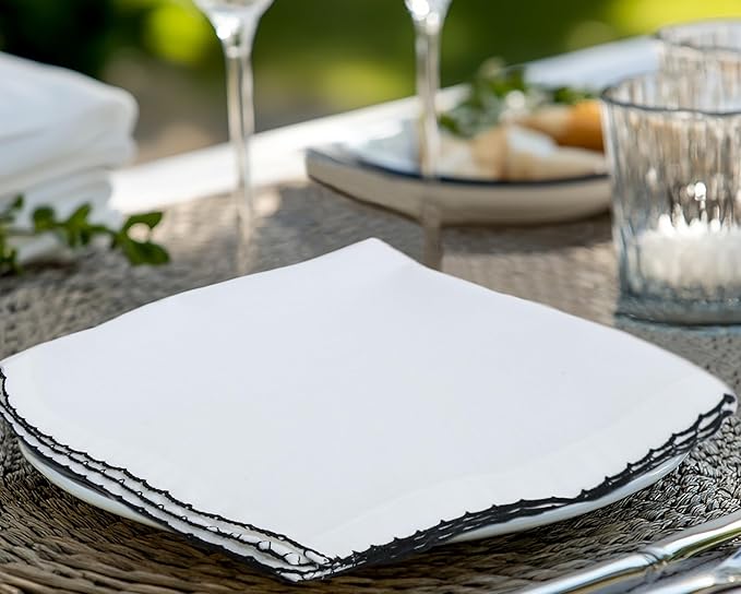 COTTON CRAFT Cloth Napkins - Set of 12 Soft Cotton 17x17 Inch White Dinner Napkins with Black Border Trim – Absorbent Reusable Fabric Serviettes for Table Settings, Parties, Everyday Use
