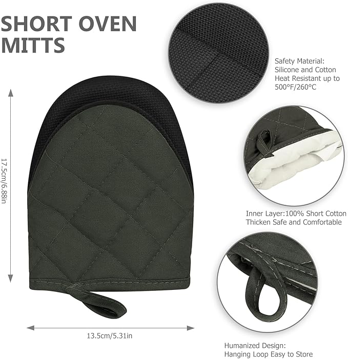 Short Oven Mitts, Heat Resistant 500°F, Silicone Grip Kitchen Gloves, Non-Slip for Baking, Grilling, BBQ, Machine Washable with Hanging Loop, 2-Pack Set, Gray