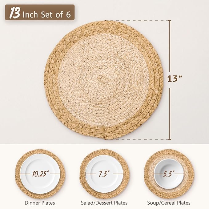13 in Round Woven Placemats Plate Chargers Set of 6, Chargers for Dining Table Decor Boho Farmhouse Rustic Rattan Wicker Table Mats Jute Braided Place Mats Chargers for Dinner Plates