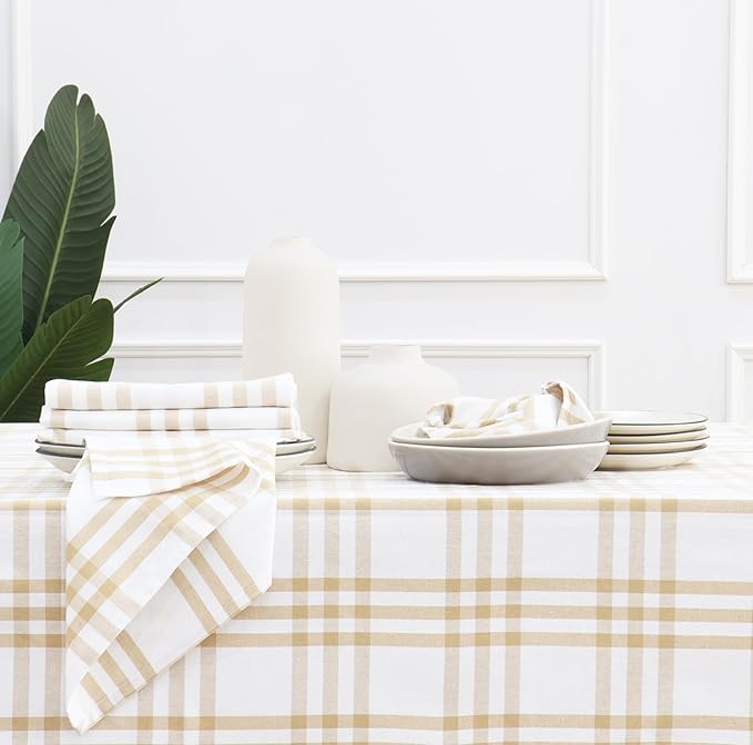 PurpleEssences Homestead Plaid Cloth Napkins - Mitered Corners - Spring Easter Summer - Check Dinner Napkin - Set of 12-100% Cotton - 18x18 Inch - Reusable Washable - Beige and White