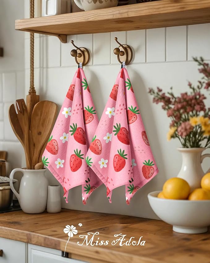 Miss Adola 2pcs Waffle Kitchen Towels - 16x26 Inch Cotton Waffle Weave Dish Cloths Set of 2 with Hanging Loop Absorbent Hand Tea Towels Cute Design for Housewarming Gift, Strawberry