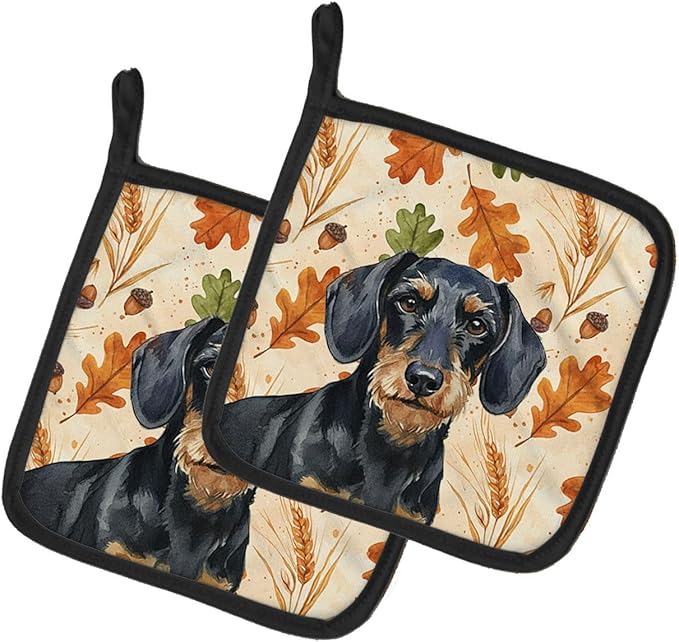 Caroline's Treasures Wirehaired Black and Tan Dachshund Heirloom Fall Pair of Pot Holders Pair 7.5x7.5 Quilted Insulated Hot Pads Decorative Kitchen Gift Made in USA