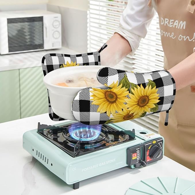 Sunflower Black White Buffalo Plaid Oven Mitts and Pot Holders Sets Silicone Yellow Floral Lumberjack Check Kitchen Mitts Potholders Heat Resistant 4Pcs Oven Gloves Hot Pads for Kitchen