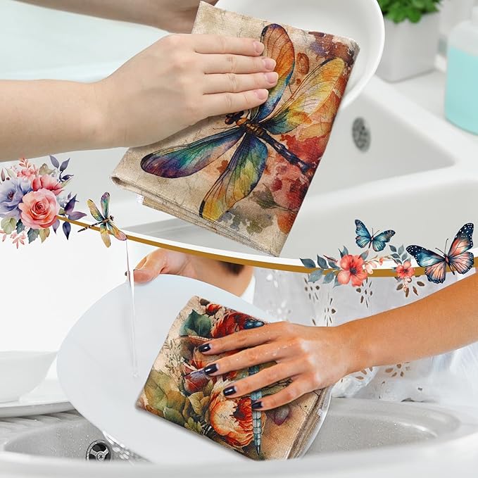 Bencailor 6 Pcs Butterfly Flower Kitchen Towels Decorative Sets Dish Towels Absorbent Fast Drying Hand Tea Vintage Hanging Reusable Cleaning Dishcloths for Cooking Farmhouse Bathroom Accessory