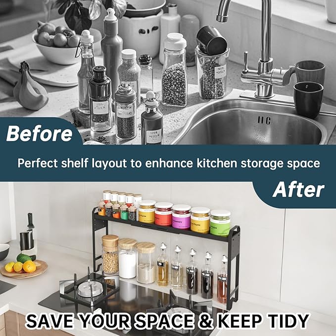 Over The Sink Shelf & Window Plant Shelf, Expandable Kitchen Organization Adjustable in Height & Length, Multi-Purpose Storage Rack for Stove, Bathroom, Study