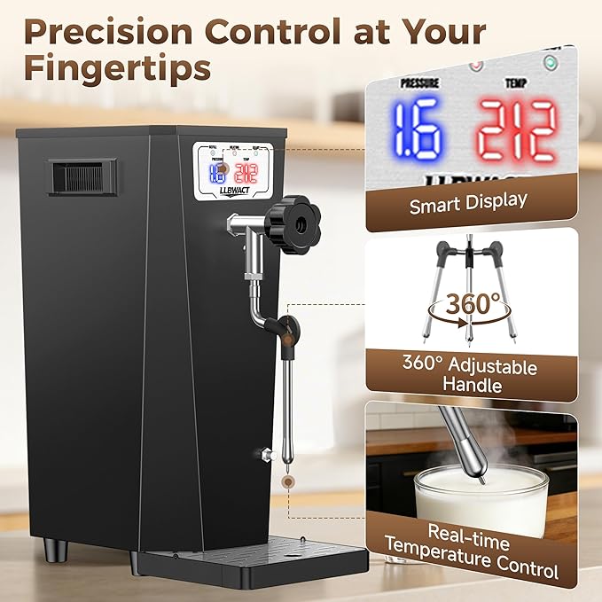 Commercial Steam Milk Frother,1.6Bar 15s Fast Frothing,1500W 6L Boiler for Continuous Use, Temp Probe, Triple Safety, 2-in-1 Hot Water&Steam with LED Display for Coffee Shops,Hotel& Restaurant