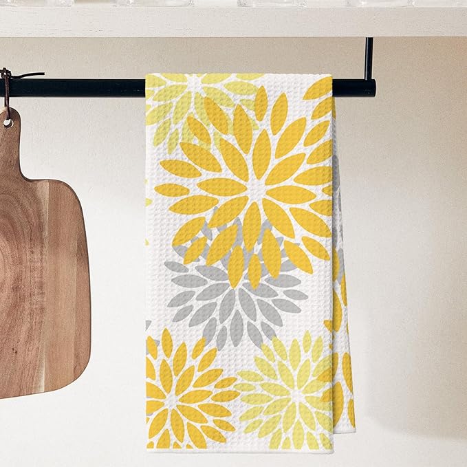 Artoid Mode Yellow Dahlia Floral Bar Kitchen Towels, 12x24 Inch Quick Dry Microfiber Cloth Dish Towels for Kitchen Drying Set of 2