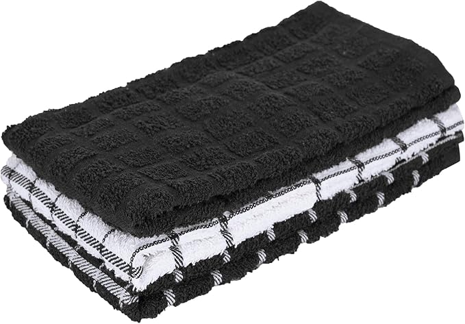 Ritz Premium 100% Cotton Terry Check Kitchen Dish Towels - Highly Absorbent, Super Soft, Long-Lasting, 25"x15", 3-Pack, Black