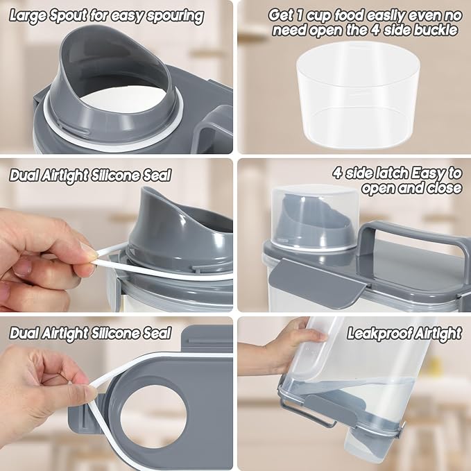 LEAWALK Large Spout Pet Food Storage Container, 5-7LBS/6Qt/5L Meter Dispenser with Handle, Measuring Cup, Double Sealing Tape and 4 Safety Snaps to Seal Dog Food and Cat Food-Gray Blue
