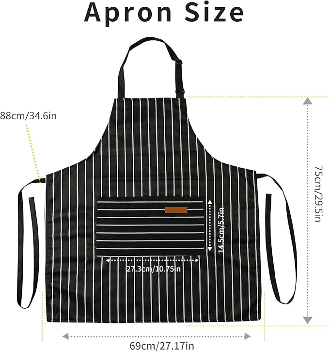 Tosewever 2 Pieces Kitchen Cooking Aprons, Cotton Polyester Blend Adjustable Bib Aprons with 2 Pockets for Women Men Chef Chef (Black/Brown Stripes, 2)
