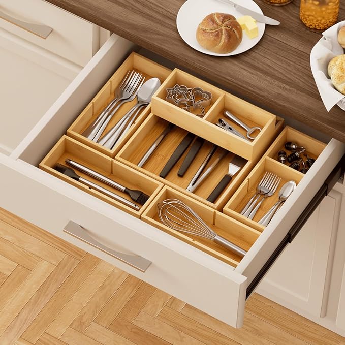 Lifewit Drawer Organizers 5 Pack(11 Grid) with 6 Inserts, Adjustable Bamboo Wooden Drawer Dividers, Stackable Storage Box for Utensils, Silverware, Makeup, Junk in Kitchen/Bathroom/Office/Vanity