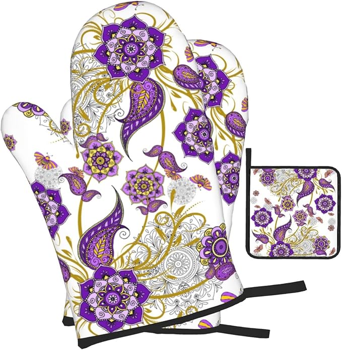 Purple Flower Oven Mitts and Pot Holders Sets of 3 Kitchen Decor Heat Resistant Hot Pads Boho Floral Oven Gloves for Cooking Grilling Baking