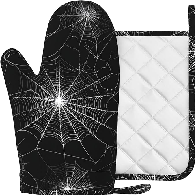 Spider Web Oven Mitts and Pot Holders Sets Silicone Kitchen Mitts Potholders Heat Resistant Oven Gloves Hot Pads for Kitchen Baking Cooking
