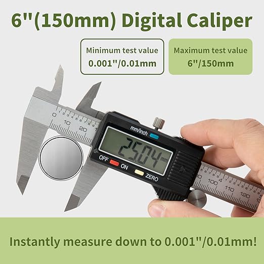 Digital Caliper 0-6" Measuring Tool with Metal Ruler, Micrometer Caliper with Auto-Off Feature, Interchangeable Between inches and millimeters for DIY/Household and 3D Printing, Black