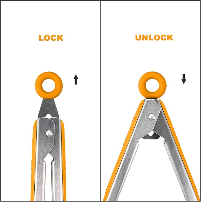 Premium 304 Stainless Steel Tongs Set – 12" Grill Tongs & 9" Cooking Tongs, Heat Resistant up to 600°F, Wavy Grip Head, Non‑Slip Handle with Locking Clip & Hanging Loop, Dishwasher Safe, Orange