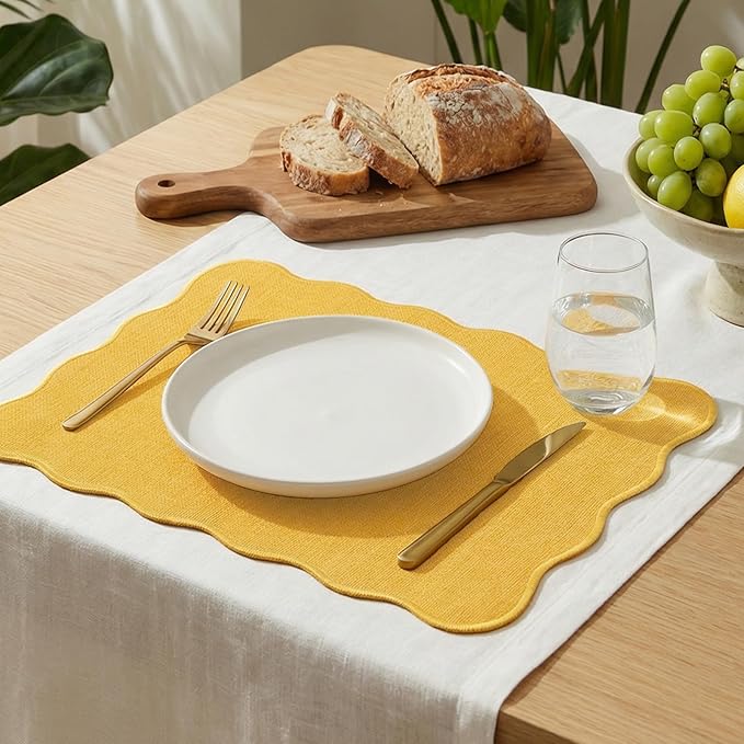 AHHFSMEI Faux Linen Placemats Set of 6 Heat Resistant Non-Slip Stain Proof Table Mats for Kitchen Dining Elegant Decor Place Mats (Yellow)