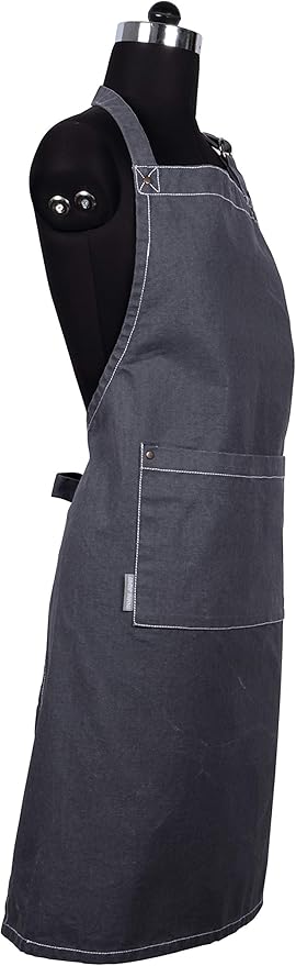 AMOUR INFINI Cotton Solid Aprons for Women with Pocket, Adjustable Strap and Waist Ties Washed Chef Aprons for Cooking, Baking and Gardening (27.5 x 33 Inches - Gray)