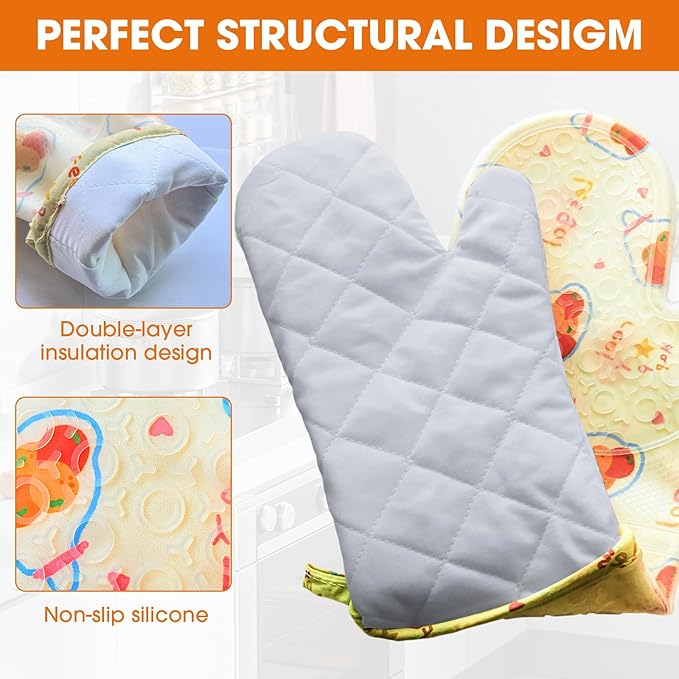 Silicone Oven Mitts Set Heat Resistant 2PCS Kitchen Mittens with Soft Cotton Lining Long Waterproof Non-Slip Oven Gloves for Cooking, BBQ, Baking-Fruit