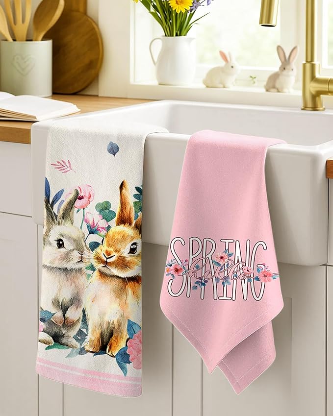 Miss Adola Easter Kitchen Towels Set of 2 - Flour Sack Tea Towels with Hanging Loop 18x26 Inch Spring Rabbit Pink Flowers Hand Dish Cloths Reusable Dishcloths Cute Easter Decor