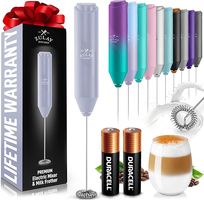 Zulay Kitchen Powerful Milk Frother AA Batteries Included – Ultra Fast Handheld Drink Mixer with Stainless Steel Whisk Stirrer for Coffee, Protein, Matcha & More, Frother Wand Electric Frothmate