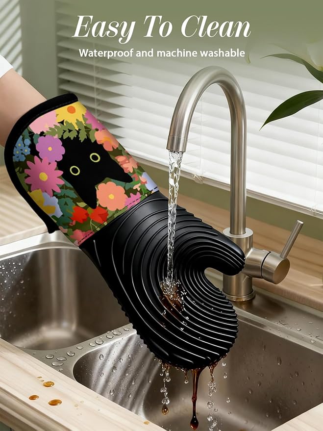 Slohif Long Silicone Oven Mitts Heat Resistant for Women - 2 Pcs Black Cat 100% Cotton Oven Gloves, Non-Slip and Waterproof Silicone Oven Mitts with Hanger for Baking and Cooking