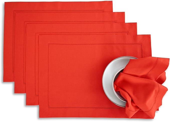 Solino Home Cotton Linen Placemats Set of 4 - Hemstitch Poppy Red Placemats 14 x 19 Inch - Machine Washable Table Mats for Mothers Day, Memorial Day