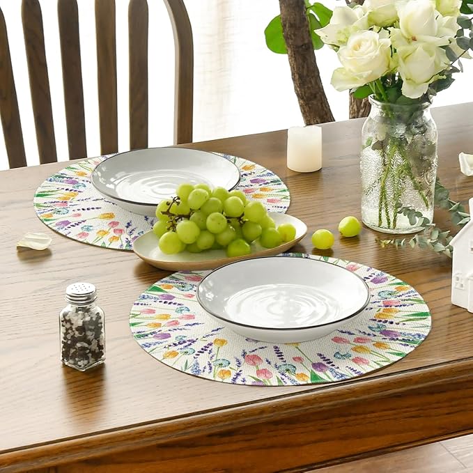 Artoid Mode Lavender Tulip Spring Round Placemats Set of 4, 14 Inch Seasonal Summer Rustic Vintage Table Mats for Party Kitchen Dining Decoration