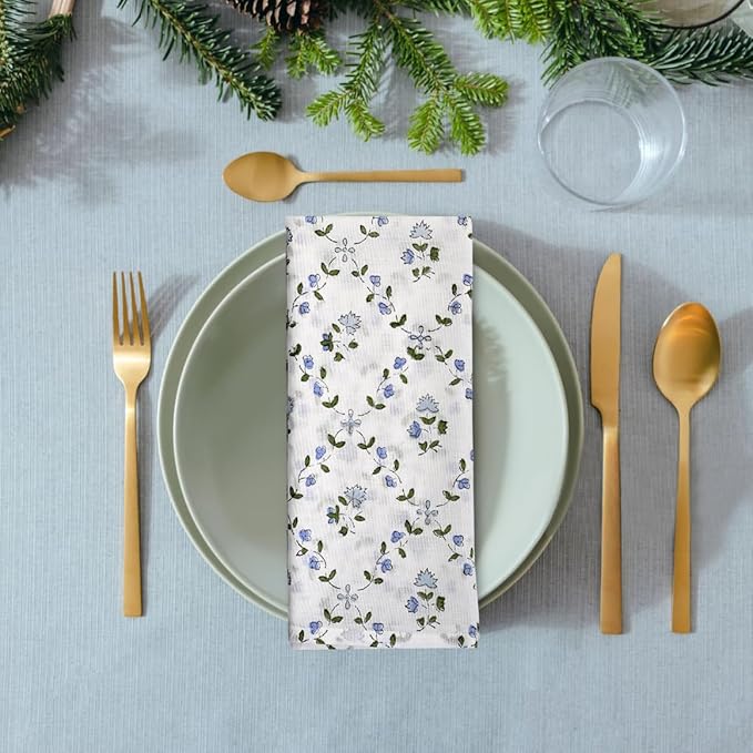 Ridhi Powder Blue Hand Block Print 100% Cotton Napkins 18" x 18" (Set of 4) Reuseable Kitchen Napkins Cloth Decor Dinner Party Wedding Cocktail Gift for Spring, Easter, Valentine