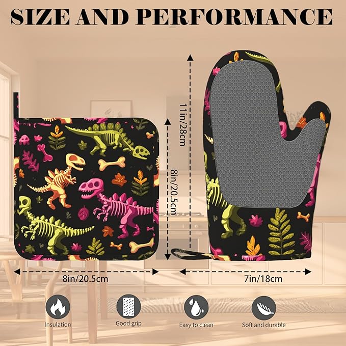 Dinosaur Skeleton Oven Mitts and Pot Holders Sets Non-Slip Silicone Surface for BBQ Gloves,Kitchen,Cooking,Baking,Grilling