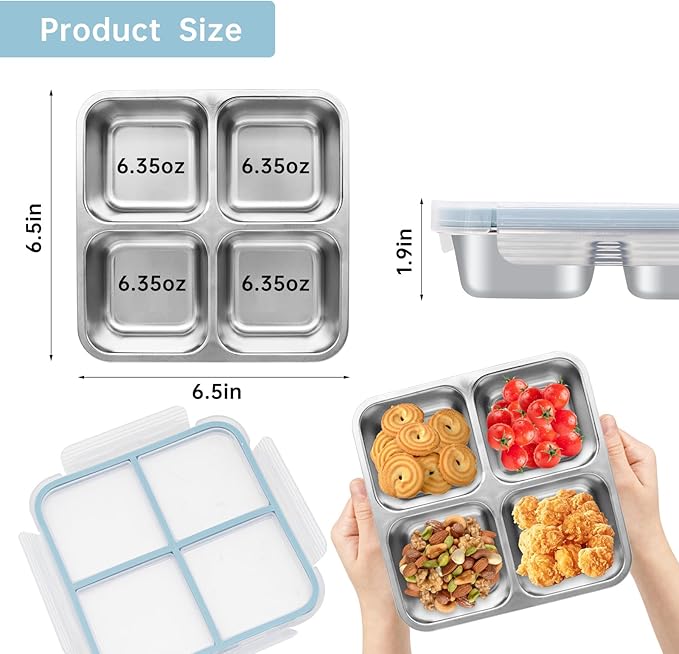 Stainless Steel Bento Lunch Box, 4 Compartment Snack Containers, Divided Meal Prep Lunch Containers, Food Storage Containers For Work and Travel