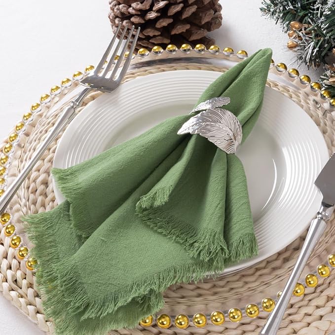 DeZerlor 12 Pack Sage Green Cotton Linen Napkins with Fringe Spring Cloth Napkins Set of 12 Boho Handmade Dinner Napkins Bulk for Wedding Bridal Baby Shower Parties, 17 x 17 Inches