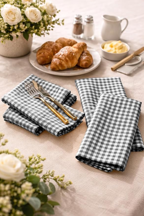 Mini Check Plaid Cloth Napkins, Set of 4, Soft, Durable, Wrinkle Free Fabric Napkins, Checked Napkins for Dinner, Wedding, Restaurant, Buffet, Party, Christmas - Grey White (16”x16”)