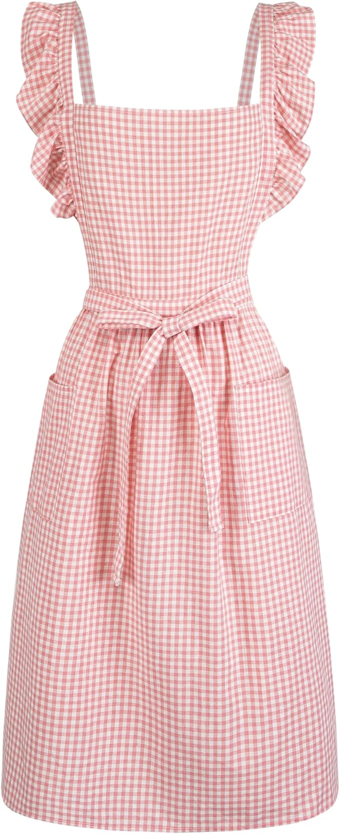 Vintage Gingham Apron for Women, Ruffle Straps, 2 Pockets, Soft Cotton, Apron Dress Style for Cooking & Baking