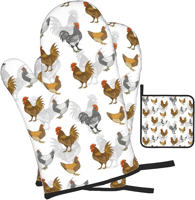 Roosters Chichen Oven Mitts Heat Resistant, Rustic Farmhouse Pot Holders and Oven Gloves Set for Kitchen Decor, Baking Gloves Hot Pads for Cooking Grilling BBQ Sets, Chicken Gifts for Women