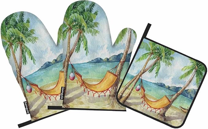 Summer Beach Oven Mitts and Pot Holders Sets Tropical Palm Tree Hammock Heat Resistant 3pcs for Cooking Baking BBQ