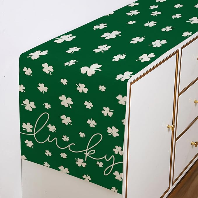ONFAON St Patricks Day Table Runner 13 x 72 Inch,Green Lucky Shamrock Seasonal Spring Holiday Table Decorations Home Party Kitchen Dining Table Decor