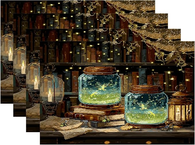 Batmerry Enchanted Library Fairies Placemats, Magical Jars with Fairies Washable Linen Table Mats for Kitchen Table Double Insulation Decor Dining Set Indoor Outdoor 12X18 in Set of 4
