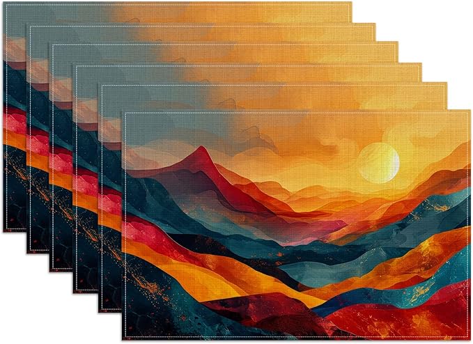 Abstract Mountain Sunset Placemats Set of 6, Washable Linen Place Mat Heat Resistant Non Slip Kitchen Dining Table Mats 12x18 Inch