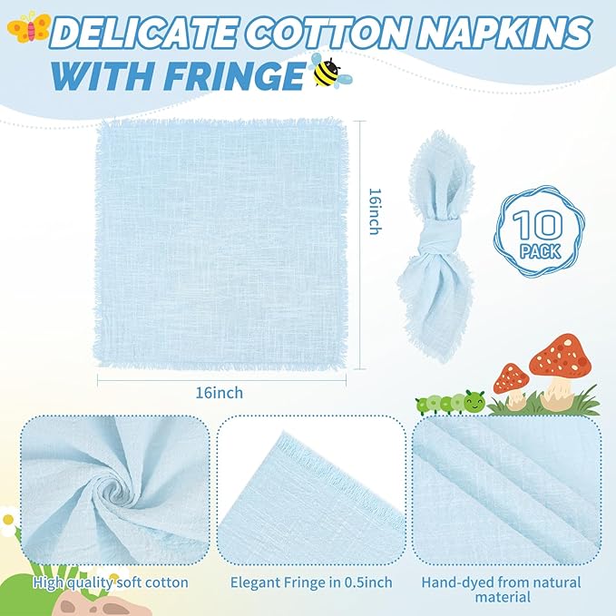 Showgeous 10 Pack Light Blue Cloth Napkins with Fringe 16x16 inch 100% Cotton Blue Napkins Handmade Dinner Napkins Bulk Washable Soft Rustic Table Napkins for Wedding Parties Bridal Baby Shower
