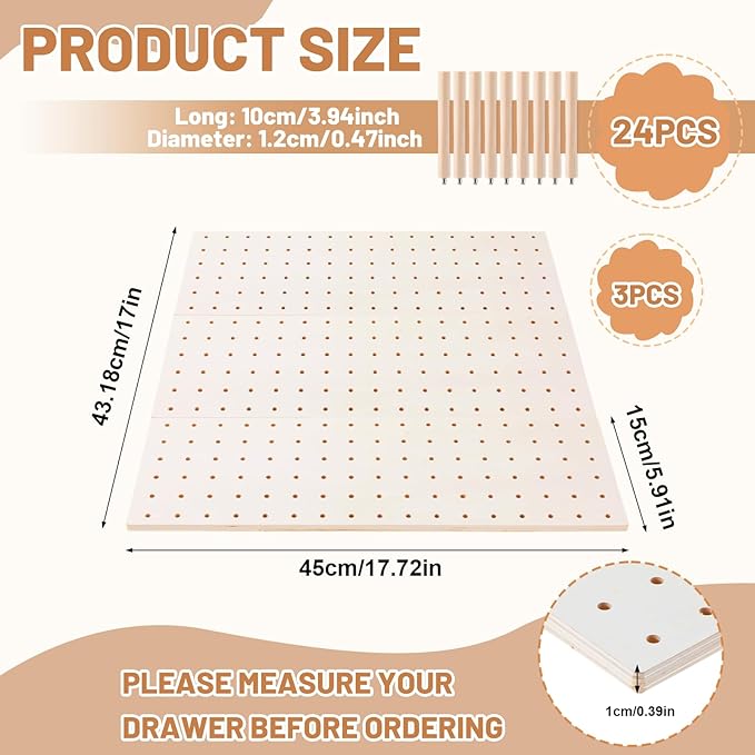 3 Pcs Wood Pegboard Drawer Organizer with 24 Pegs Wooden Peg Board Drawer Shelf Organizer Adjustable Peg System for Dishes Plate Pot Container Cookware Utensil Kitchen(17.72 x 5.91 in)