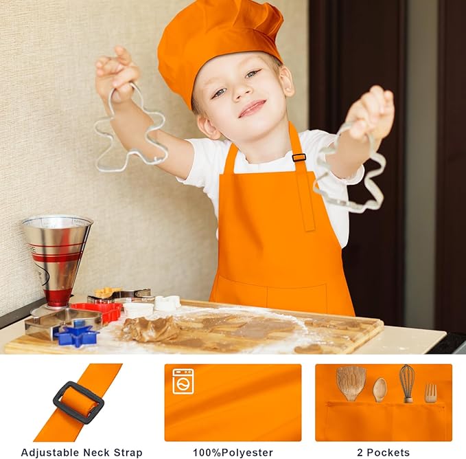 Kids Apron and Chef Hat Set, 24 Pieces Boys Girls Kids Apron with 2 Pockets Adjustable for Cooking Classroom Baking Painting, 6-13 Years, Bright Color