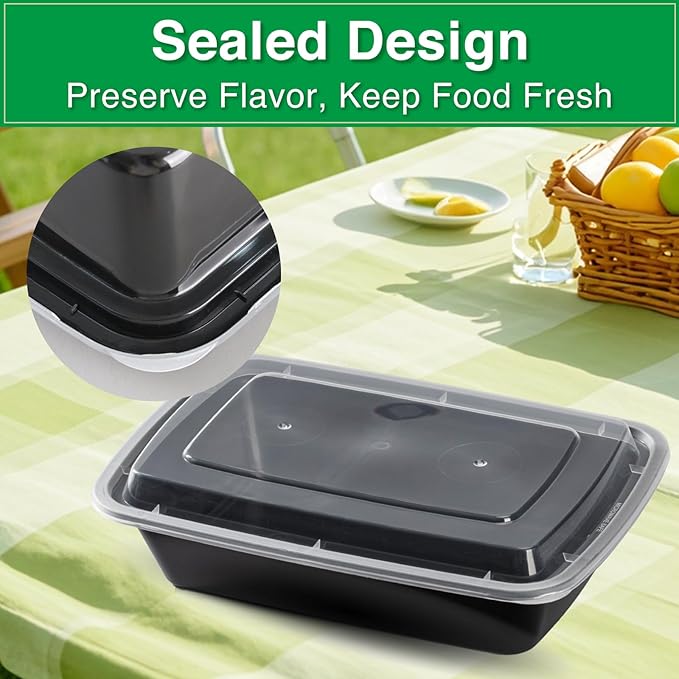 Meal Prep Containers Reusable 50 Pack-32 oz Food Storage Containers with Lids To Go Food Containers Takeout, Microwave Dishwasher Freezer Safe, Stackable, BPA Free, Plastic (Black)