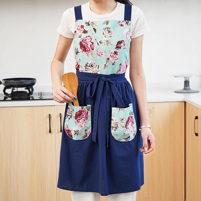 Pinknoke Vintage Pinafore Apron Dress for Women with Pockets Cute Floral Chef Aprons for Kitchen Cooking Baking Gardening