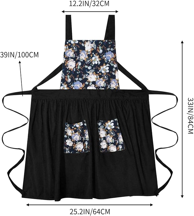 Pinknoke Vintage Pinafore Apron Dress for Women with Pockets Cute Floral Chef Aprons for Kitchen Cooking Baking Gardening