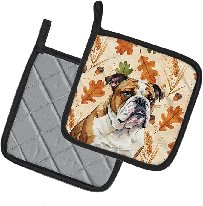 Caroline's Treasures Brindle and White English Bulldog Heirloom Fall Pair of Pot Holders Pair 7.5x7.5 Quilted Insulated Hot Pads Decorative Kitchen Gift Made in USA