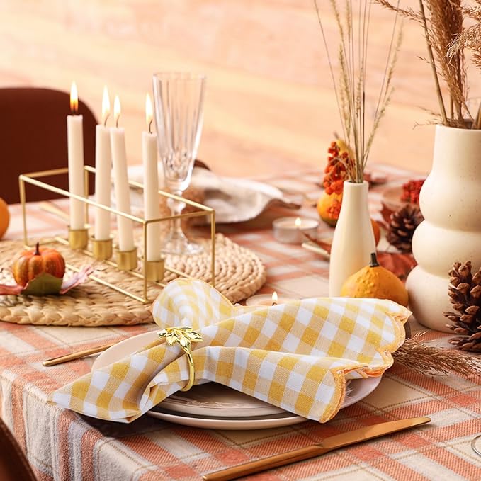 SmoothNovelty 12 Pack Buffalo Plaid Cloth Napkins 18x18 Inch Spring Checkered Cloth Napkins Scalloped Soft Cotton Table Mat Washable Reusable for Dinner Wedding Birthday Parties (Classic,Orange)