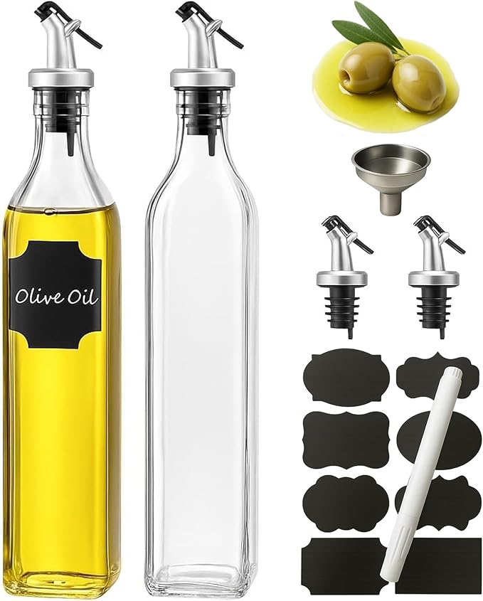 WERTIOO Olive Oil Dispenser Bottle, 2 Pack 17oz Oil and Vinegar Dispenser Set Clear Oil Bottles Container for Kitchen with 4 Spout, Funnel & Pen and Labels